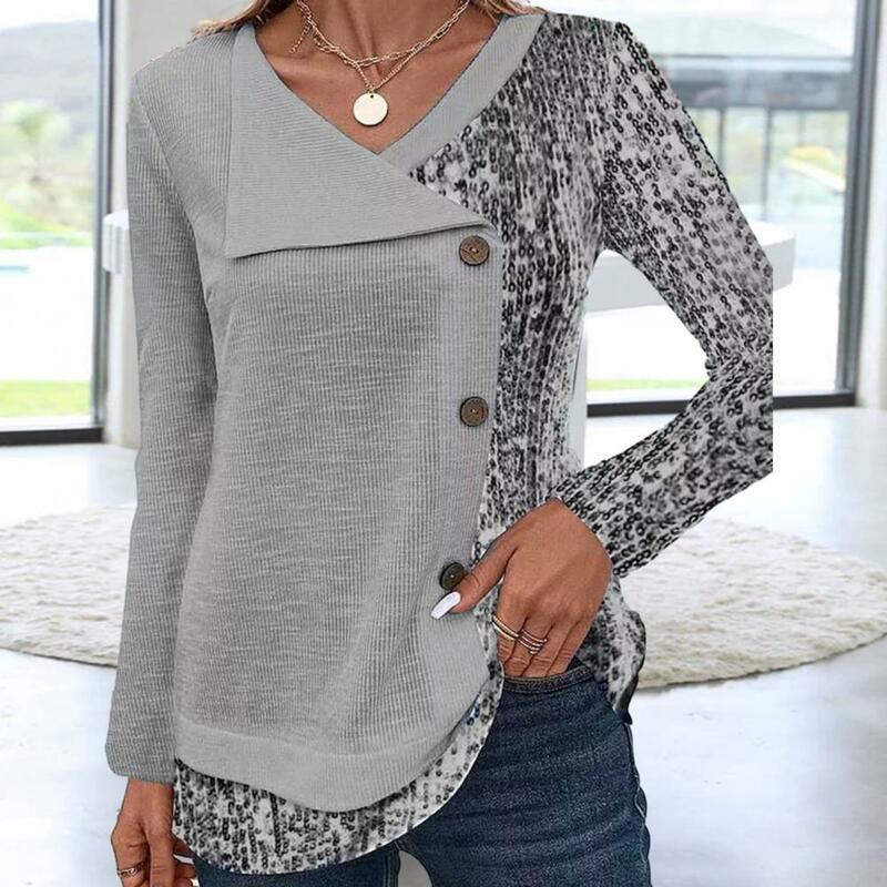 Printed Polyester Top Sequin Patchwork Asymmetric Blouse Fall Spring Women's Button Decor Long Sleeve Casual Pullover Soft Long