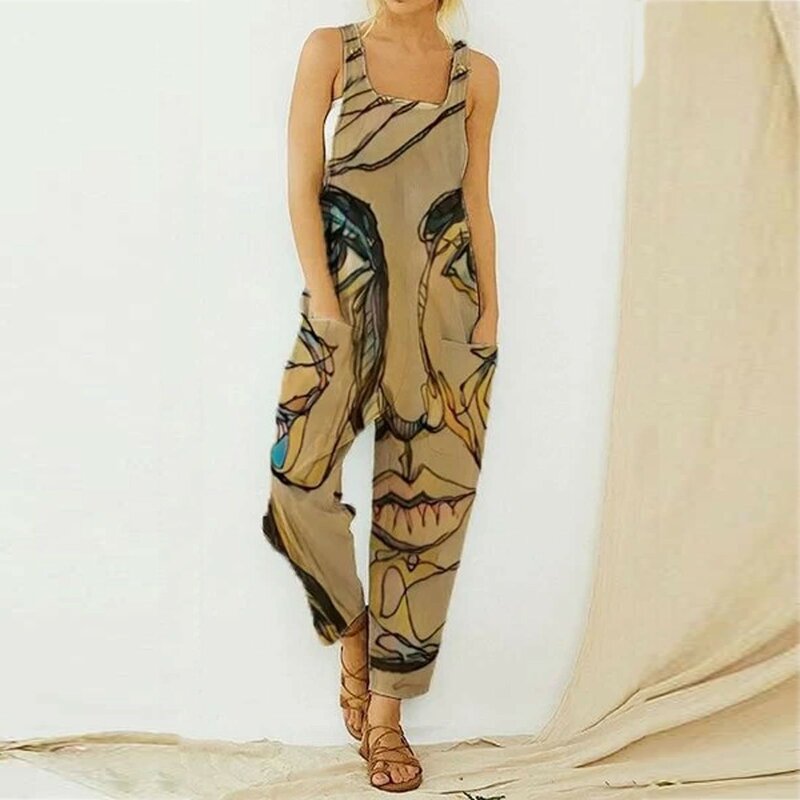 Summer Casual Jumpsuit Women Print Spaghetti Strap Sleeveless Wide Leg Rompers Woman Loose with Large Pocket Bib Overalls Outfit