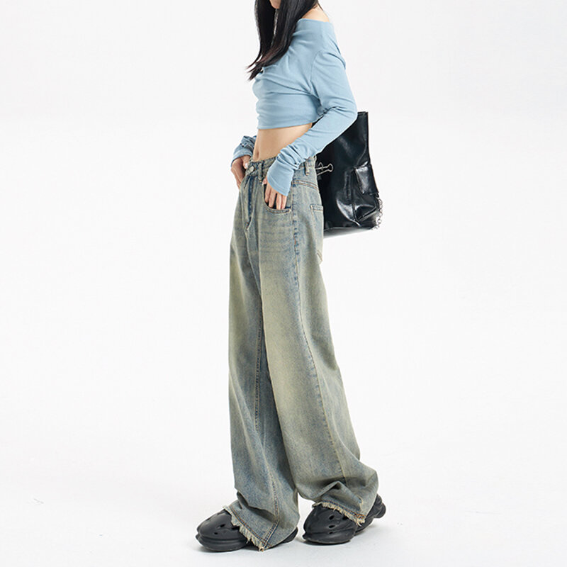 Jeans Baggy vintage de cintura alta perna larga, calças jeans retas Harajuku, calças largas de rua, moda coreana Y2K