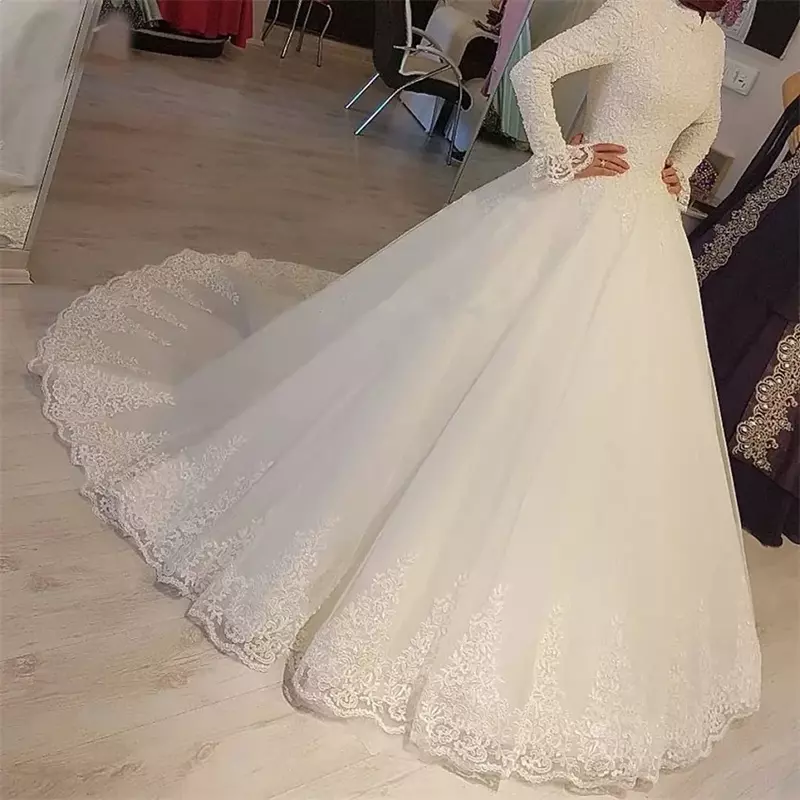 Vestido de noiva em renda com mangas compridas, branco e bege, vestido muçulmano, robe de casamento, New, Nikah, Elbisesi, Baslüman, Espartilho, 2022