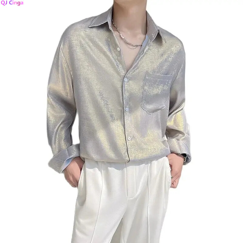 Hong Kong kemeja pria, gaya longgar lengan panjang Single-breasted kerah persegi blus kasual Non-mainstream Camisa