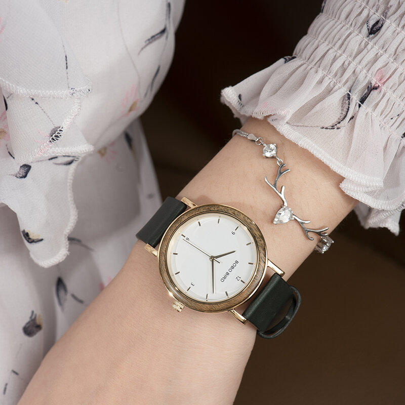 BOBO BIRD jam tangan wanita tali kulit modis jam tangan Quartz kayu hadiah ulang tahun untuk wanita Reloj Mujer