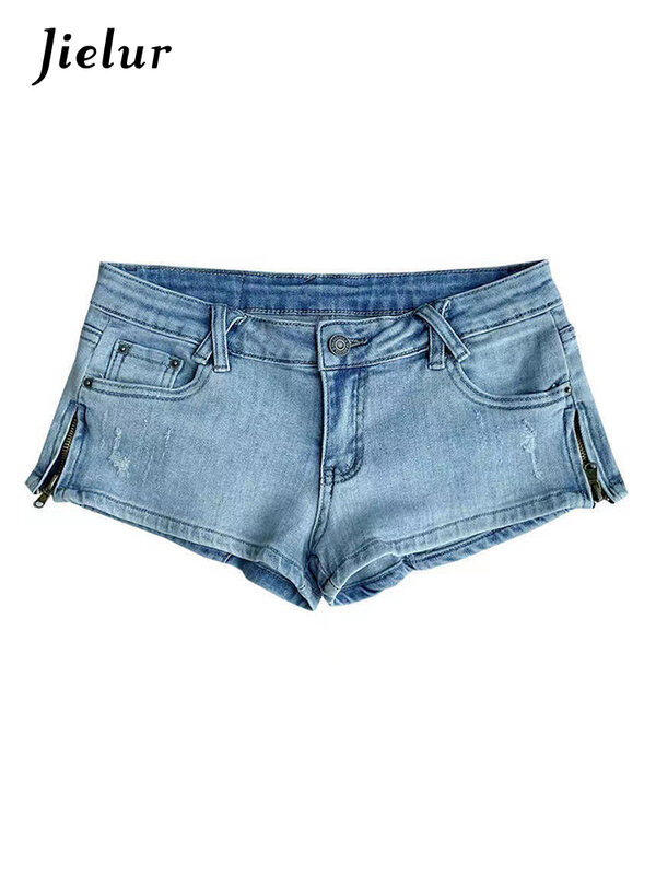 Jielur-pantalones cortos de cintura baja para mujer, Shorts ajustados de estilo americano, Chic, con cremallera, ropa de calle