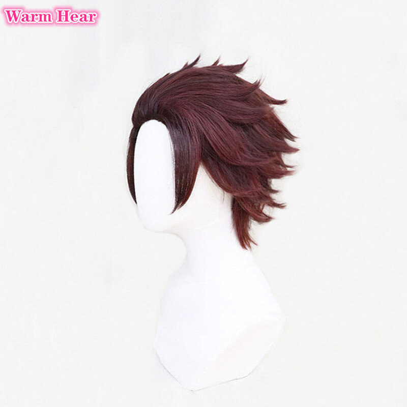 Kamado TanjIrou Cosplay Wig Short 30cm Chestnut Brown Wig With Earrings Heat Resistant Hair Halloween Party Wigs + Free Wig Cap