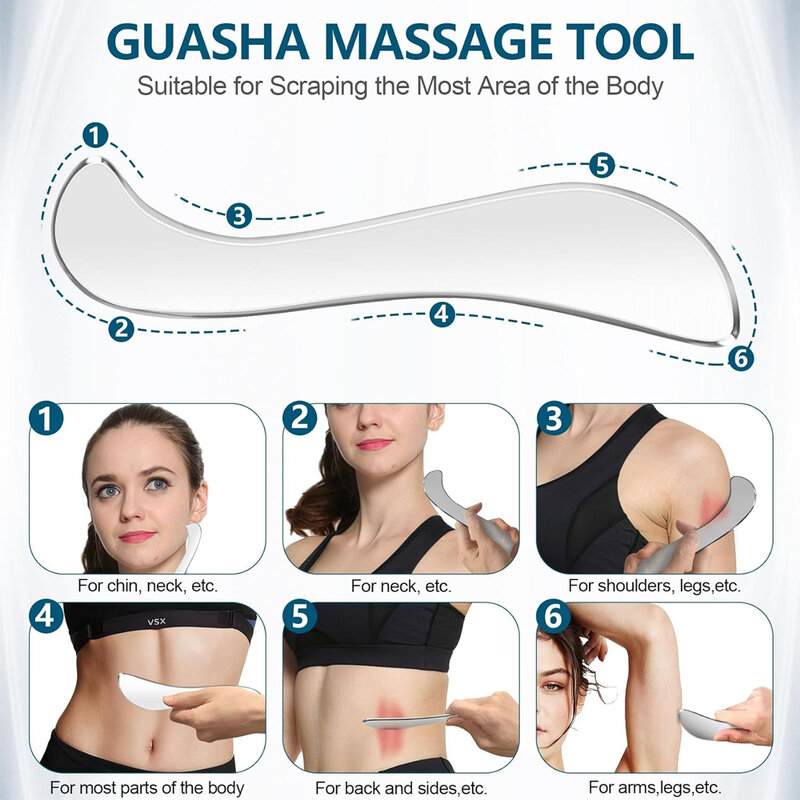 Aço inoxidável Gua Sha Muscle Scraper Tools, Ferramentas de raspagem miofascial para fisioterapia, massageador de drenagem linfática, 2 em 1