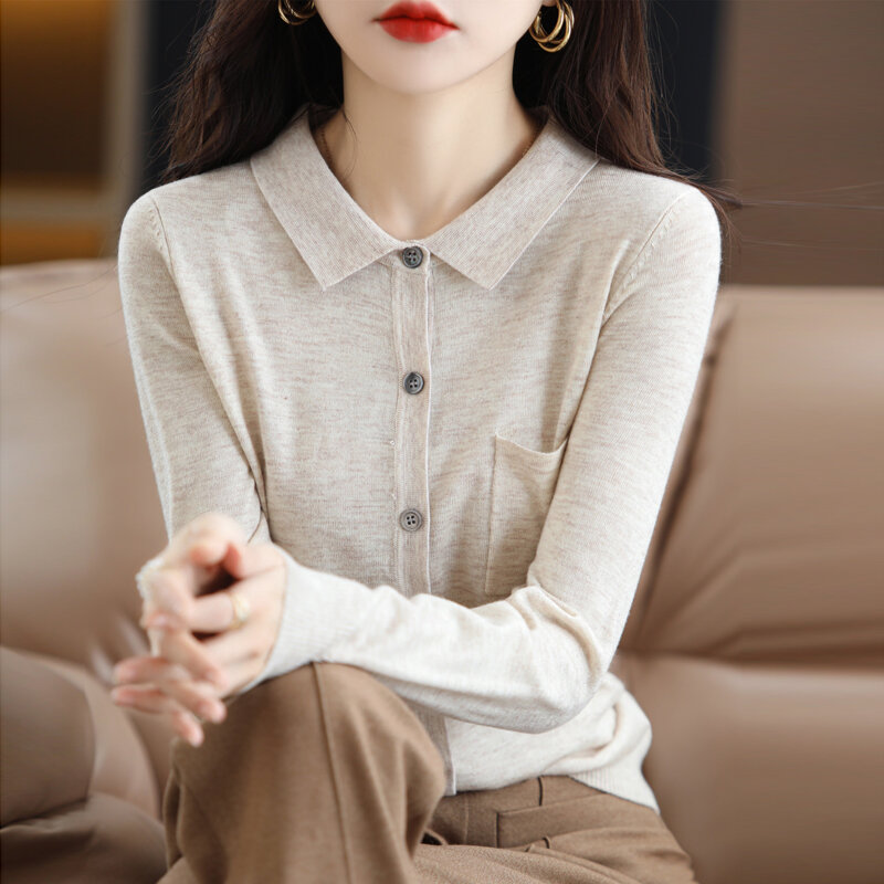 Spring/Summer POLO Collar Wool Shirt Women's Knit Cardigan Small Jacket Thin Single Breasted Short Simple Versatile Solid Color