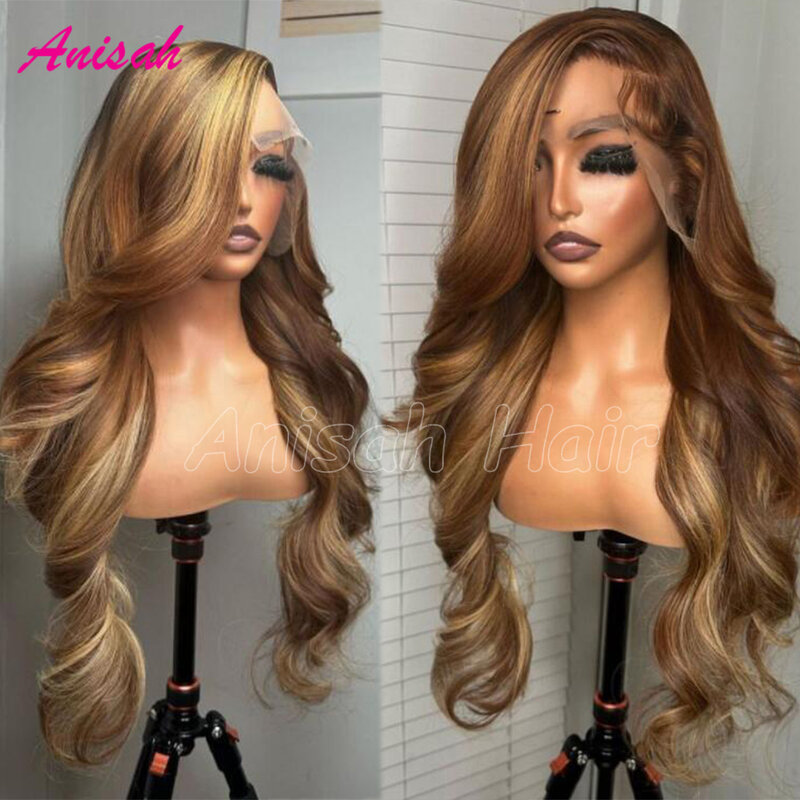 100% Human Hair Lace Frontal Wig Glueless Highlight Ombre Brown Blonde HD Transparent Lace Closure Wigs For Women Pre Pluck
