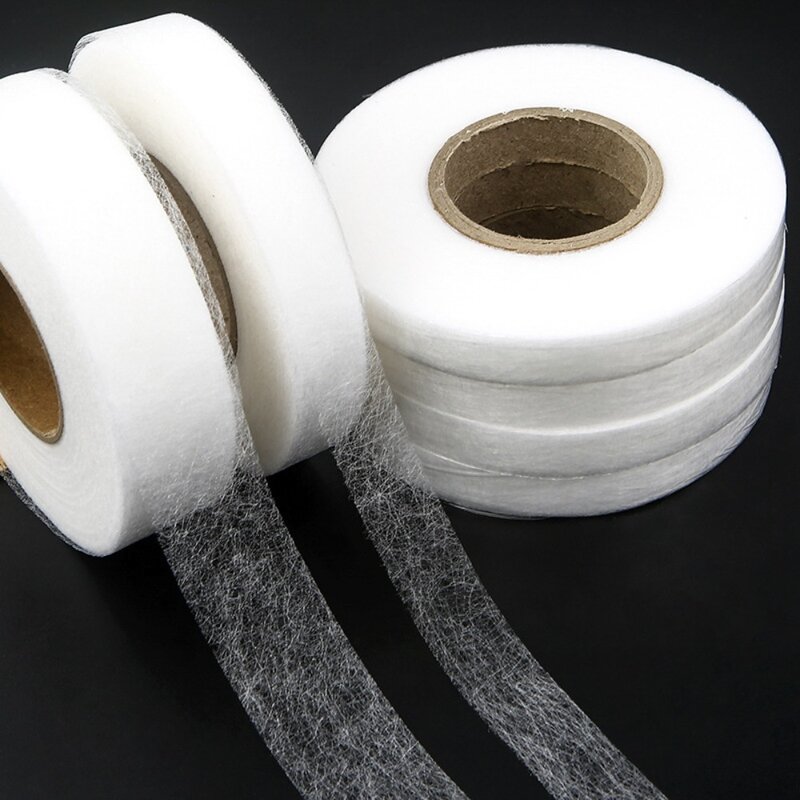 Rollo de tela adhesiva no tejida de doble cara, cinta de dobladillo para planchar, tela entrelazada, 64 metros, blanco y negro
