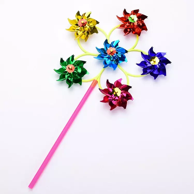 어린이용 스팽글 풍차, DIY 6 륜 풍차, 손으로 잡는 장난감, 다채로운 플라스틱 색상, 전통 작은 풍차, 6 라운드