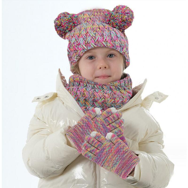 ชุดถุงมือเด็ก1ชุดหมวกฤดูหนาวผ้าพันคอถักหนาอบอุ่นโดมผ้ากำมะหยี่ลูกบอลตกแต่งคอฤดูหนาว