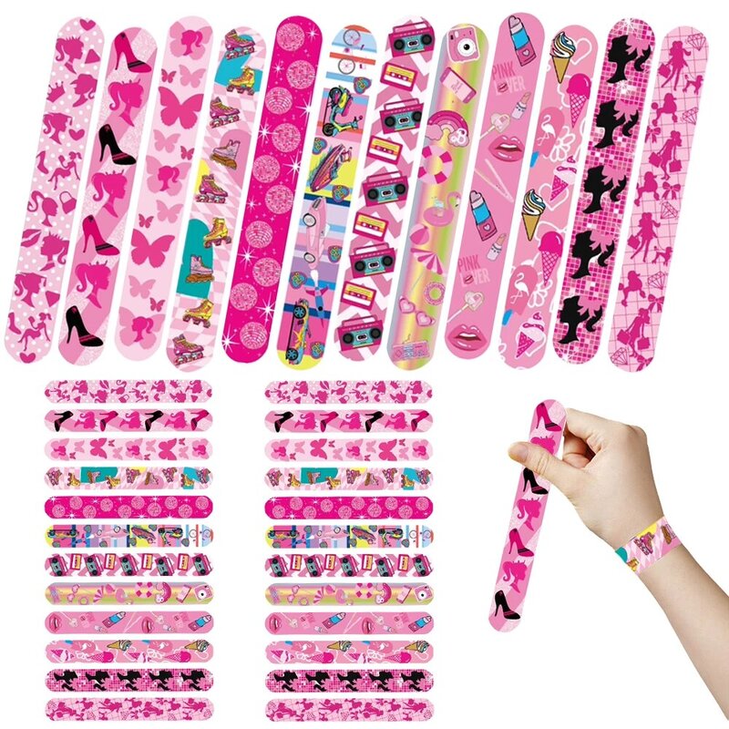 12pcs Barbie Black Pink Princess Slap Bracelets Colorful Bulk Wristbands For Girls Birthday Party Supplies Baby Shower
