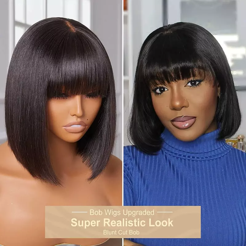Krótka prosta koronka Bob peruki z grzywką realistyczny wygląd sztuczna skóra głowy bezklejowa peruka 100% brazylijskie dziewicze włosy dla czarnych kobiet