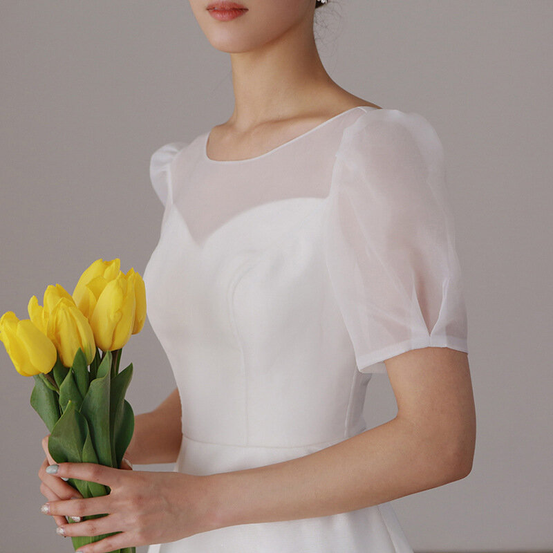 Koreański styl a-line nowy wzór suknia ślubna z kości słoniowej do kostek z okrągłym dekoltem bez pleców Organza dla bez pleców