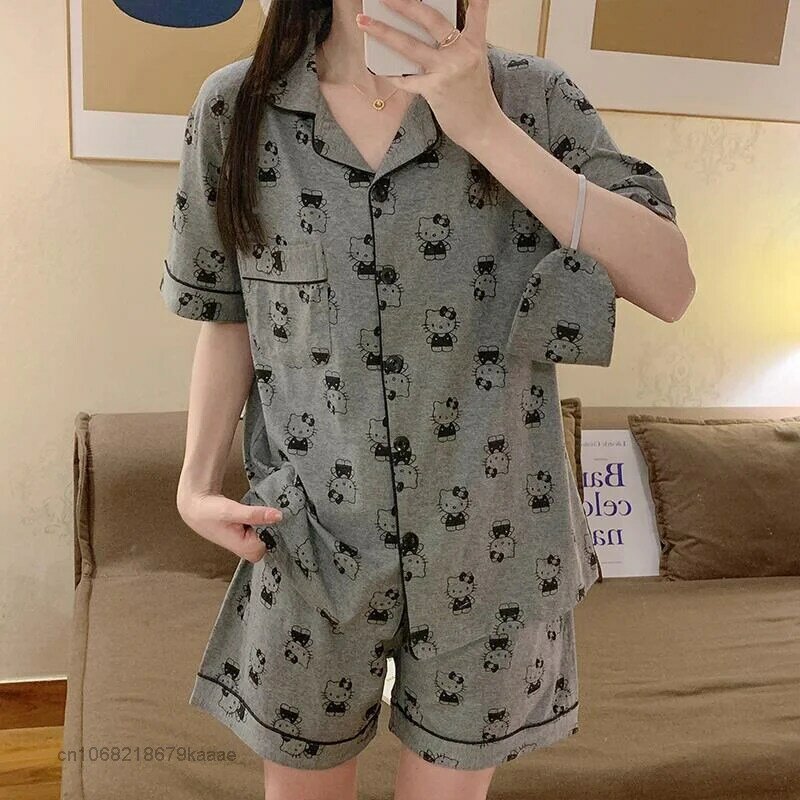 Sanrio novos pijamas olá kitty roupas de verão em casa algodão terno feminino macio 2 peça conjunto y2k cardigan manga curta topo solto shorts