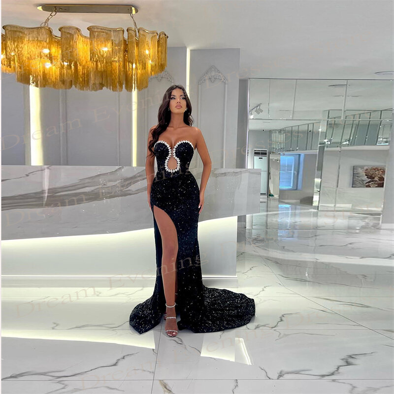 Shiny Sexy Black Women's Mermaid Charming Evening Dresses Classic Sleeveless Prom Gowns High Side Split Sequined Robe De Soiree