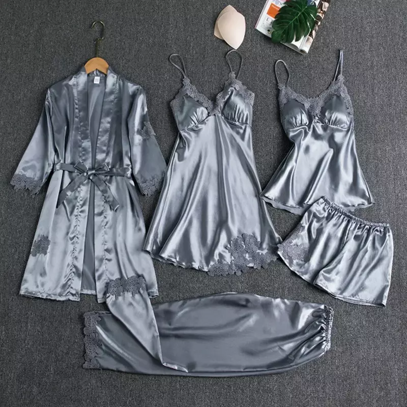 2024 섹시한 잠옷 레이스 홀터 나이트 드레스, 5 피스 멀티 컬러, 아름다운 패션, 신제품