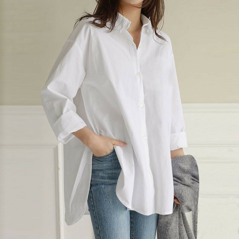 Женская Однотонная рубашка большого размера, Офисная Элегантная блузка в Корейском стиле, Топ с длинным рукавом, одежда для работы, лето