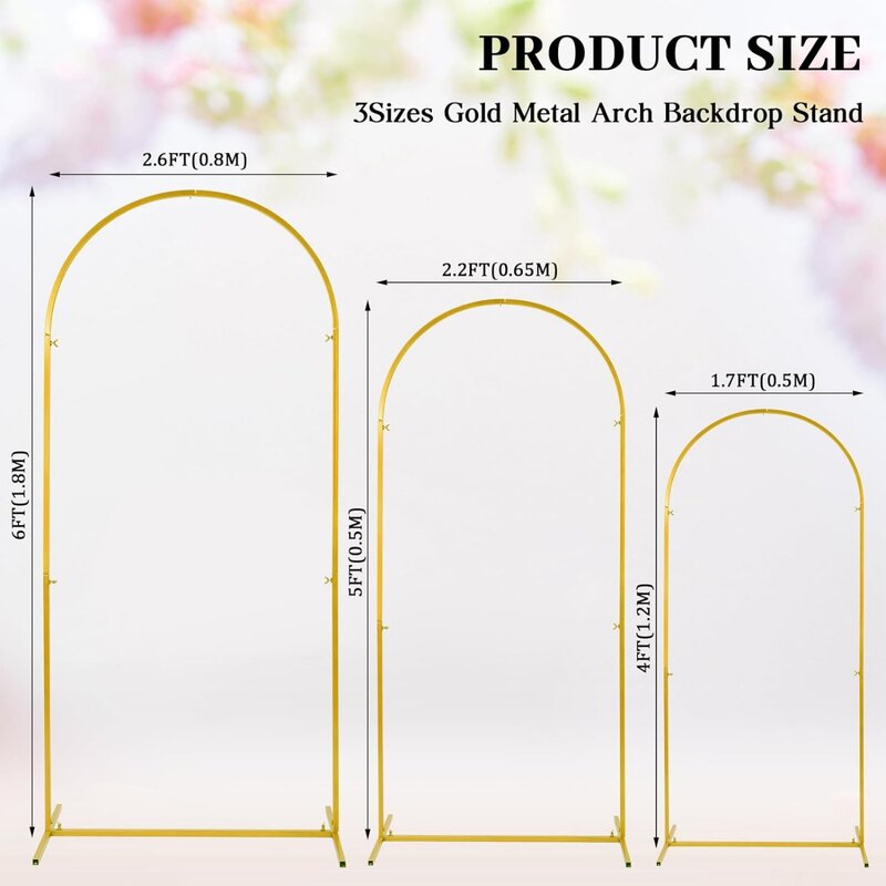 US3 Sets Gold Metal Wedding Arch Arched Backdrop Stand and 3 Pcs Arch Cover 5.9ft/4.9ft/3.9ft Wedding Arbor Garden