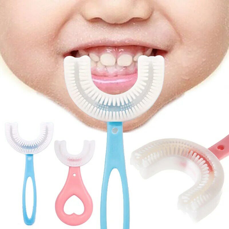Sikat gigi bayi bentuk U, sikat gigi anak-anak, sikat silikon lembut kelas makanan, desain pembersih mulut 360 °, sikat gigi latihan Manual