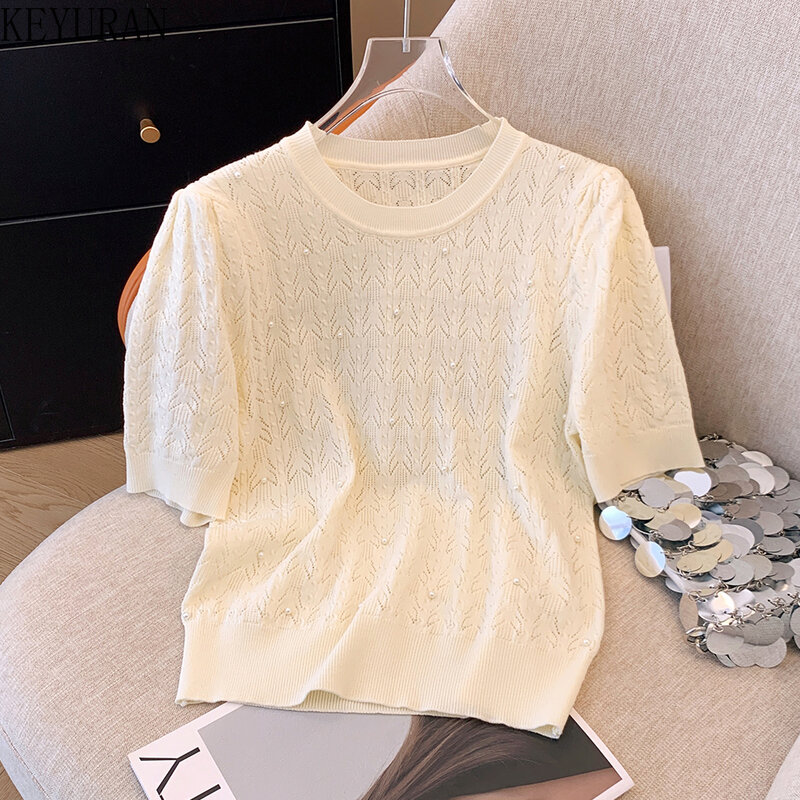 2024 Summer Sweet Thin Peals Beading Bubble Short Sleeve Sweater Women's Knit T Shirts French Gentle Pullover Knitwear Tops Tees