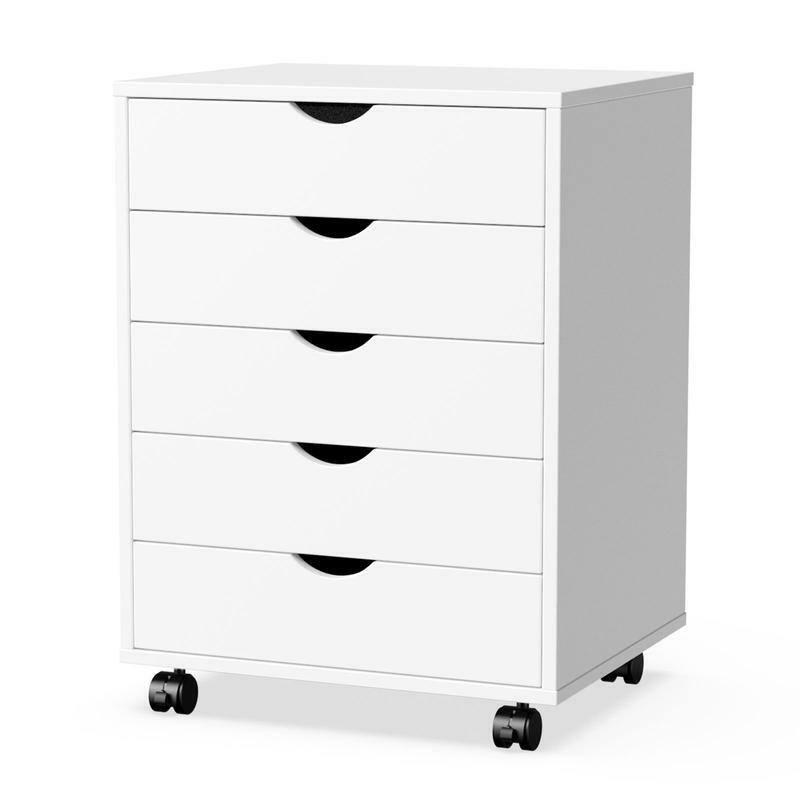 5 Drawer Wood Dresser Cabinet with 4 Wheels, Durable Mobile Organizer for Various Storage, For Home Dormitory and Office,