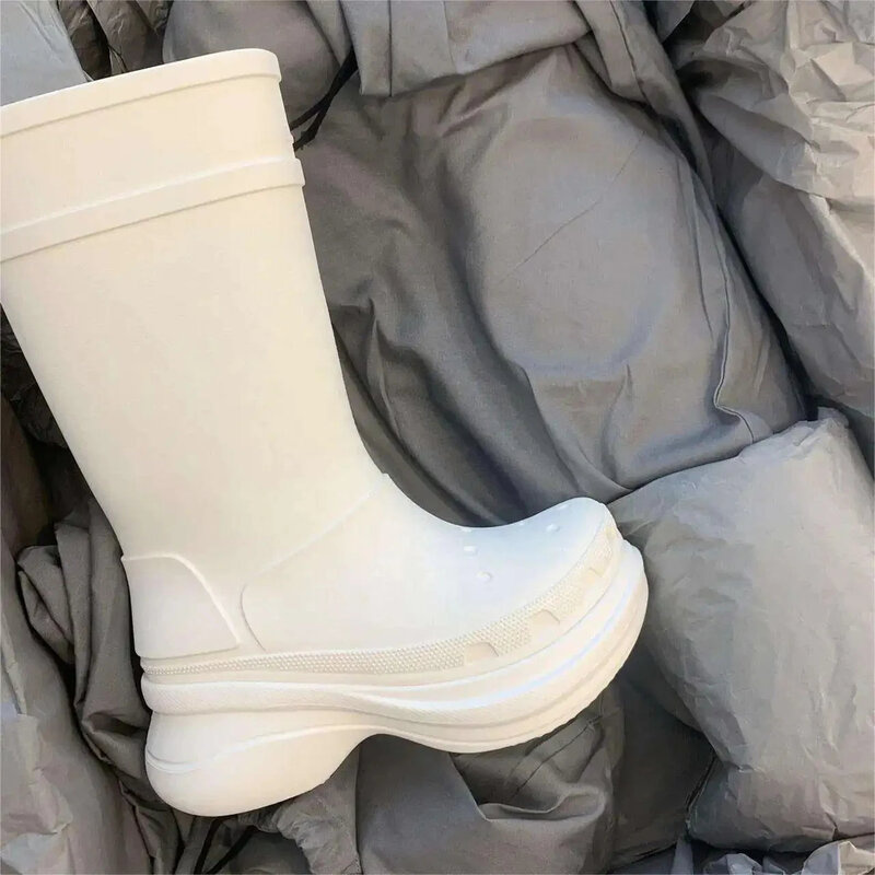 Rose Pink Unisex Rubber Waterproof PVC Knee High Platform Round Toe Anti Slip Jelly Color Croc Long Rain Boots Couples Size 45