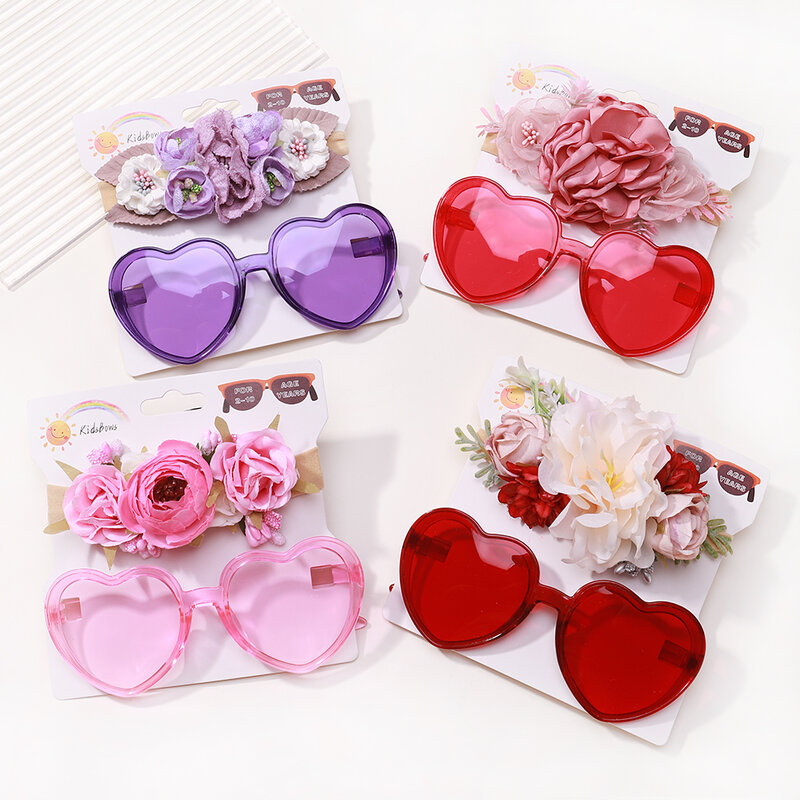 2 pz/set occhiali da sole con fascia per bambini ragazze Vintage fiore artificiale geometria occhiali protettivi copricapo accessori per capelli