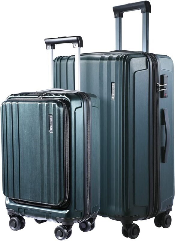 Комплект чемоданов из 2 предметов, передний карман для ноутбука 20/24 дюйма, расширяемый, легкий жесткий корпус из АБС и поликарбоната, Спиннер на колесах, замок TSA YKK на молнии, зеленый