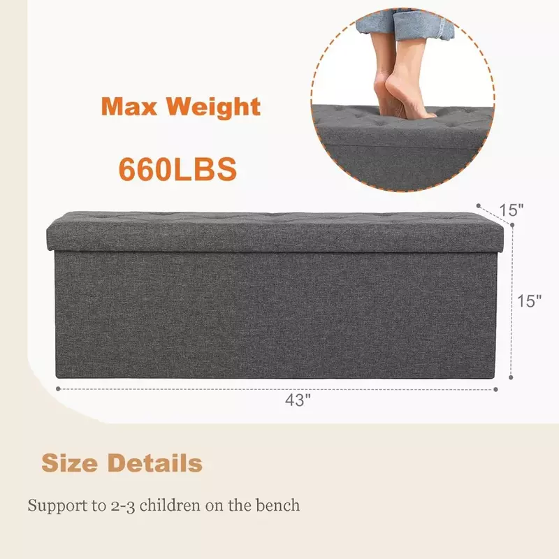 Storage Ottoman Bench 43Inches in Large Capacity Hidden Chest Organizer Box,Comfortable Grey Fabric FootRest Stool Ottoman Bench