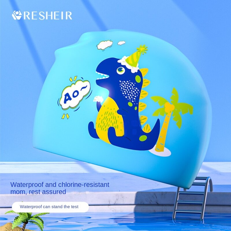 Gorro de natación de silicona Flexible para niños, gorro de buceo impermeable, protección para los oídos, patrón de dinosaurio, cubierta para piscina