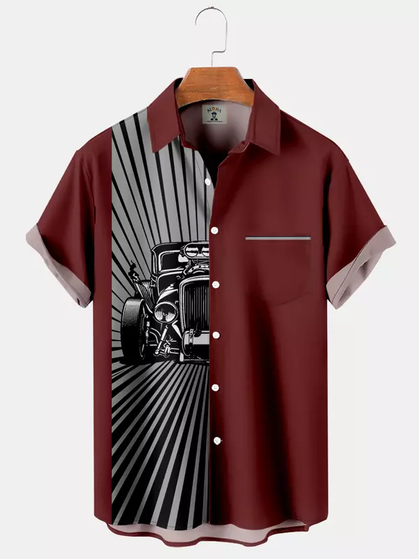 Heren Overhemden Vintage Auto Print Hawaiiaanse Revers Casual Heren Tops Comfortabele Strand Heren Korte Mouwen Shirts 2024 Nieuwe Stijl