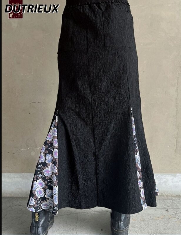 Falda larga de encaje bordado para niña, falda de cola de pez de retazos, negra, cintura alta, combina con todo, primavera y verano, japonés, nuevo