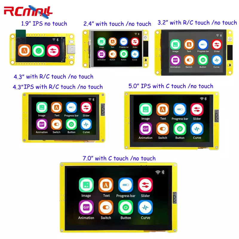RCmall modul tampilan ESP32, modul TFT LCD layar sentuh ESP32-S3 WiFi + BT 1.9 "2.4" 3.2 "4.3" 5.0 "IPS R/C 7.0"