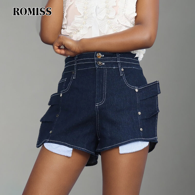 ROMISS jeansowe minimalistyczne szorty dla kobiet z wysokim stanem patchworkowe kieszeń Casual Slim Sexy krótkie spodnie damskie modne ciuchy