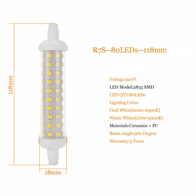 ハロゲン電球用R7sLEDランプ,220V,110V,2835smd,64 80 LED,78mm,118mm,j78,j118