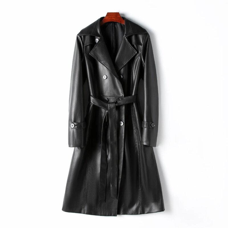 Piccola quantità di abbigliamento 2024 autunno pelle di pecora giacca lunga in pelle Haining nuova giacca a vento in pelle casual con lacci da donna