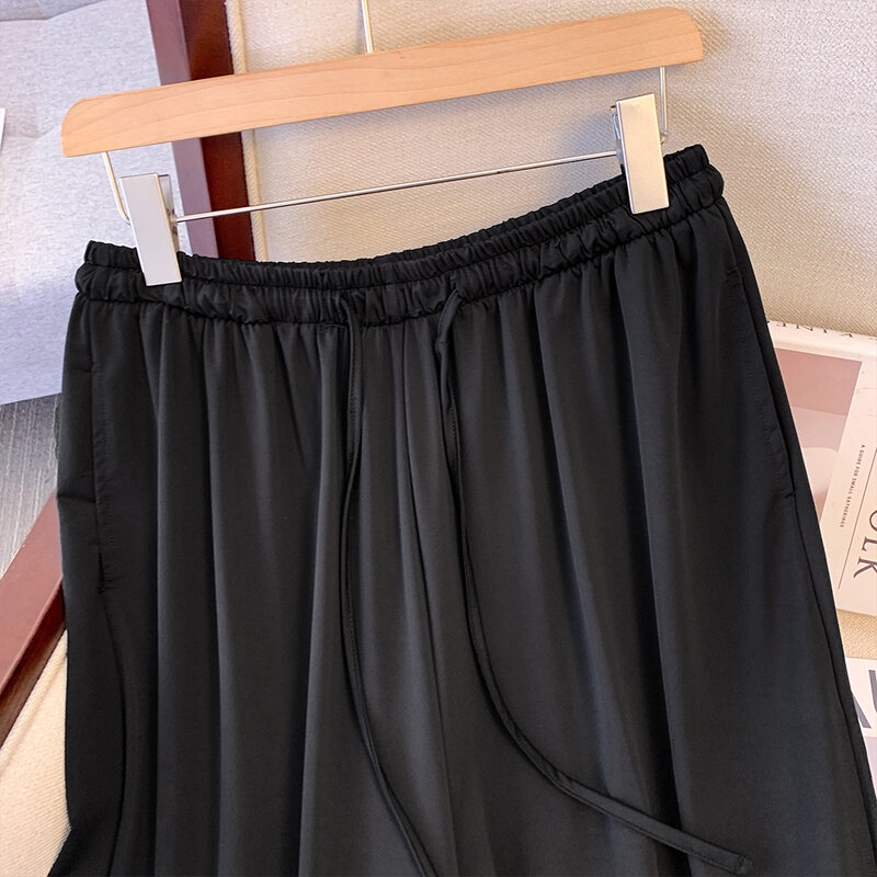 Женские Летние повседневные брюки размера плюс, свободные удобные прямые брюки из полиэстерной ткани с подвеской, новинка 2024