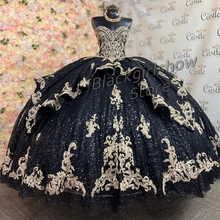 Vestidos góticos de quinceañera, traje de baile de princesa con cordones, color negro y dorado, 15
