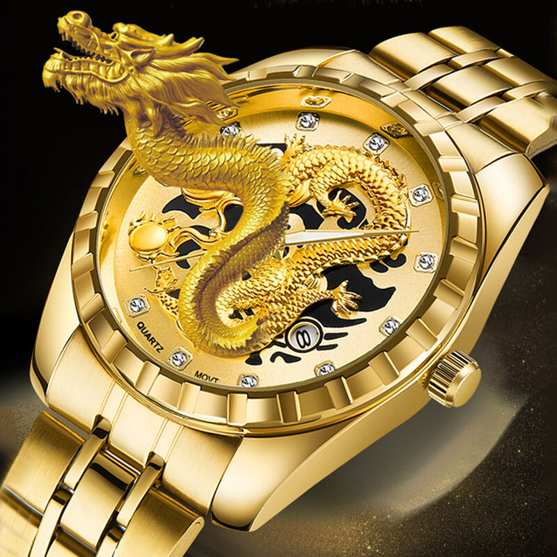 Часы WLISTH Мужские Наручные с тиснением, модные брендовые, с полым драконом, полностью из нержавеющей стали, кварцевые золотистые