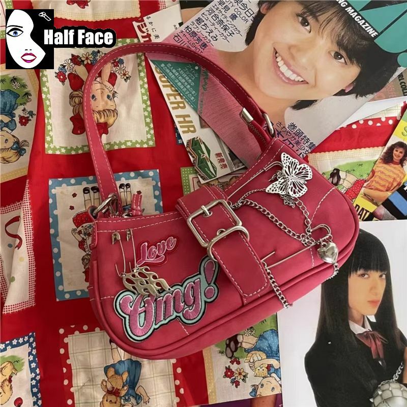 Y2K tas selempang wanita Harajuku, tas Tote selempang desain rantai Lolita ketiak desain canggih untuk perempuan