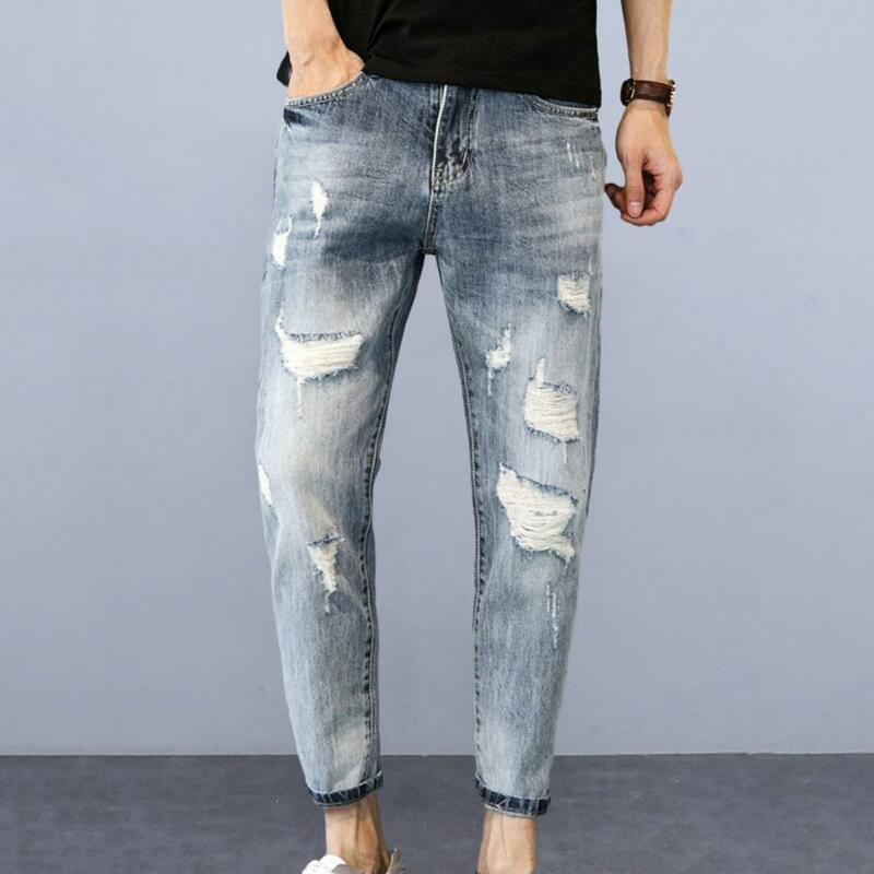 Men Ripped Pants Stylish Men's Gradient Color Jeans with Ribbed Holes Slim Fit Multi Pockets Durable Stitching for Long-lasting