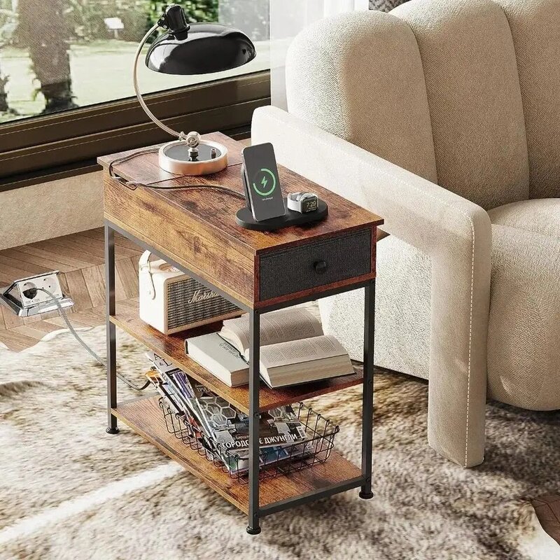 Meja sisi sempit dengan 2 port USB dan 2 Outlet, Flip meja bagian atas dengan laci dan rak penyimpanan, kamar tidur, ruang kecil