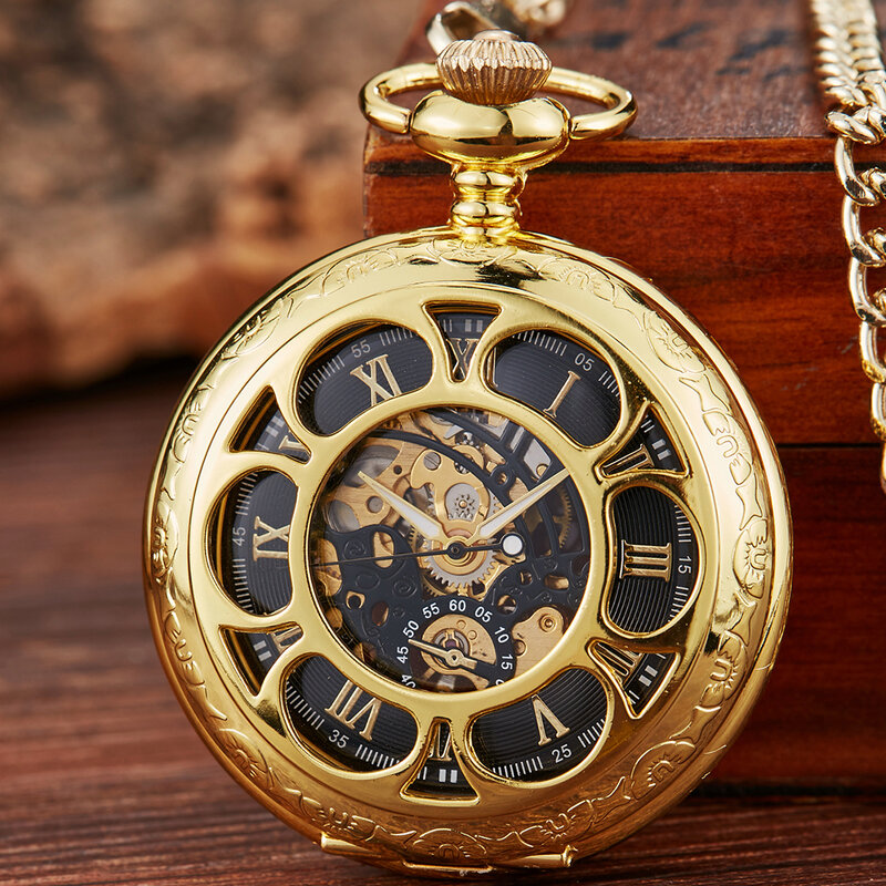 Cyfra rzymska luksusowy mechaniczny zegarek kieszonkowy z grawerem rzeźbiarskim steampunkowy zegarki szkieletowe zegar na łańcuszku Fob dla mężczyzn
