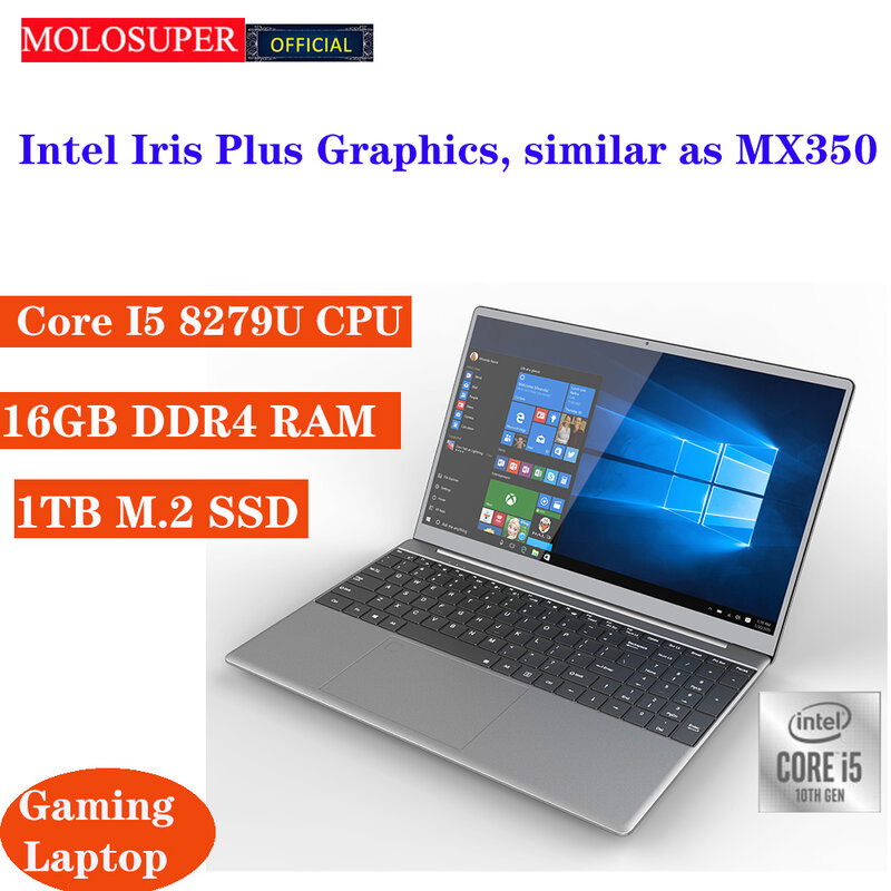 MOLOSUPER 15.6 Inci Intel Core I5 8279U Laptop 16GB RAM SSD Logam Gaming Notebook PC Buka Kunci dengan Sidik Jari Windows 11/10 Comut