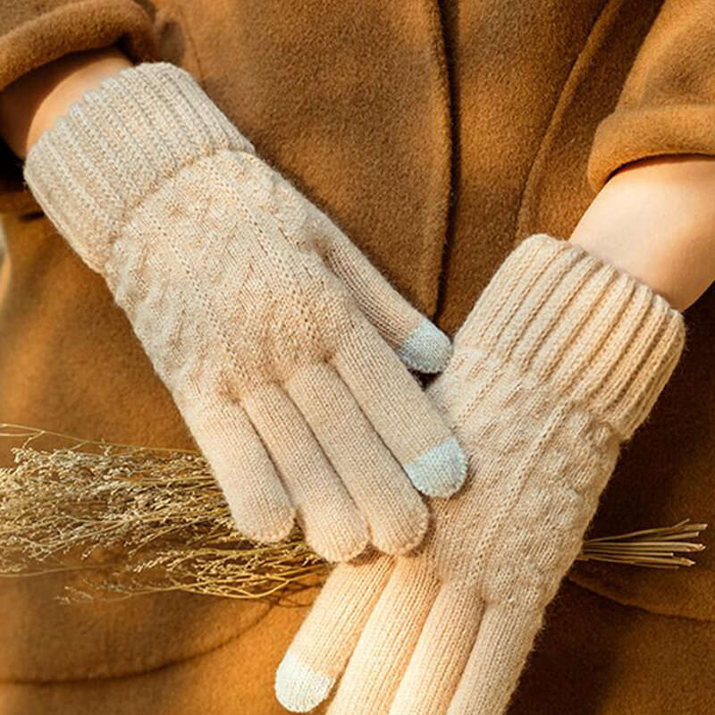 Ciepłe pełne rękawiczki rękawiczki zimowe do ekranów dotykowych Plus polar rękawiczki damskie pogrubiające wełniane dzianinowe rękawiczki jazda na rowerze, jazda samochodem