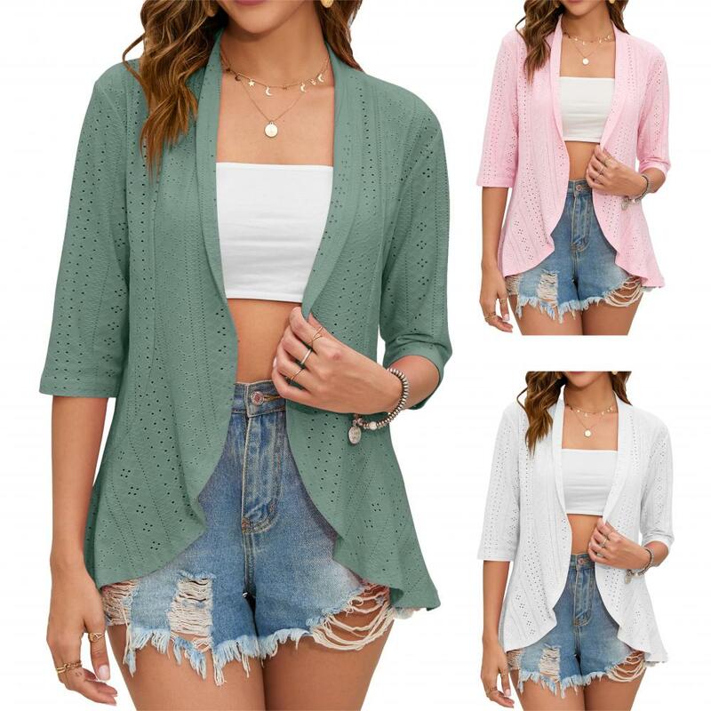 2023 Spring Summer Women Hollow Out Cardigan Female Beach Boho Tops Three Quarter Sleeve Solid Color Sunscreen Shirt Clothing