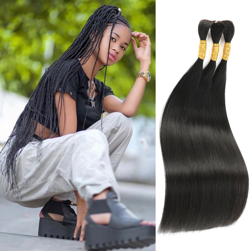 Linhua прямые человеческие плетеные волосы для вязания крючком, богемные/богемные плетеные волосы без узлов, двойные плетеные волосы без узлов, насыпью 1B цвет