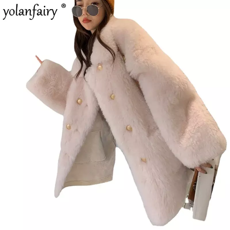 Abrigo de piel auténtica de lana pura para mujer, ropa de piel de cordero, chaqueta integrada de piel compuesta de longitud media, ropa de invierno, 2023