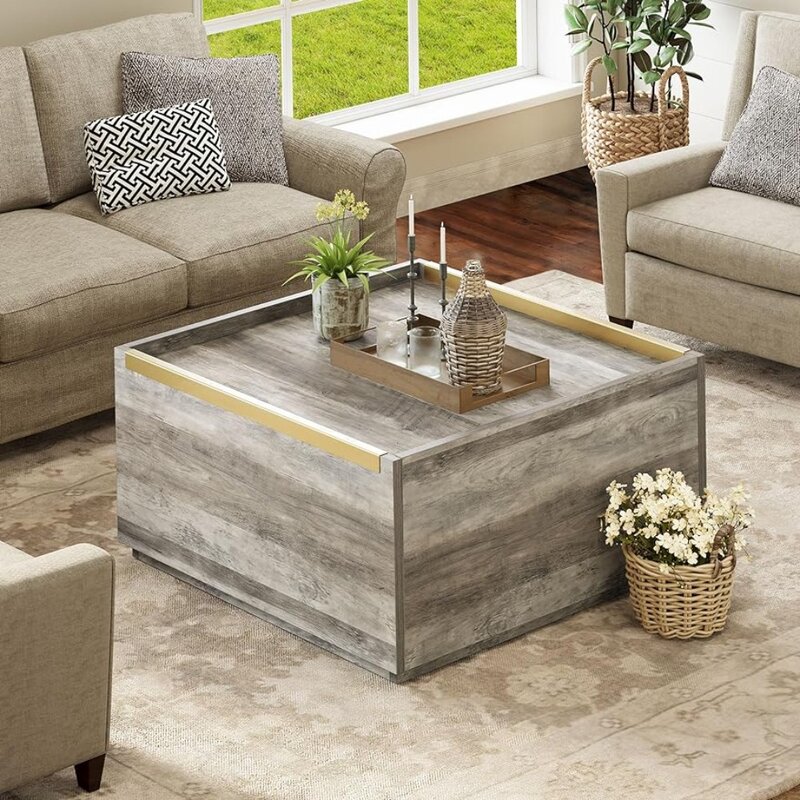 Mesa de centro cuadrada de madera gris para sala de estar, mesa de centro con almacenamiento grande, mesas de servicio, muebles de esquina de café para el hogar