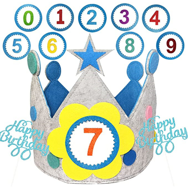Chapéu da coroa do aniversário de feltro das crianças para meninas & meninos 1-9 anos personalizado ajustável tamanho feito à mão chapéus da festa de aniversário